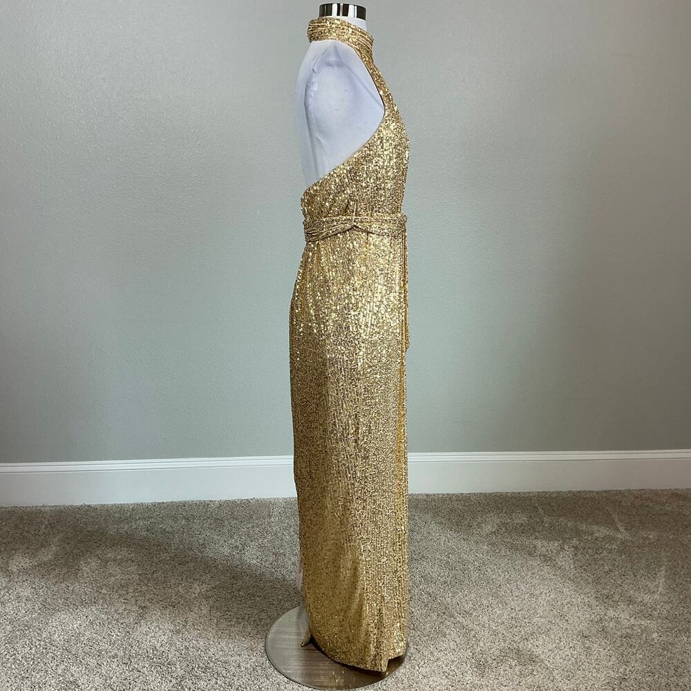 Mac Duggal 11281 Gold Sequined Evening Gown Halter Neck Column Dress Size 4 - Picture 5 of 12